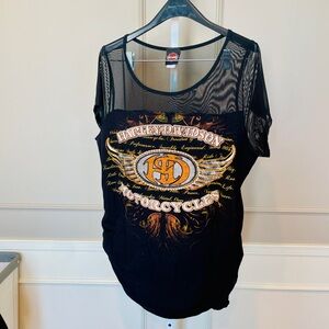 Women's Harley Davidson Tee Top Sheer 3XL Ruched Rhinestone Bling Wings